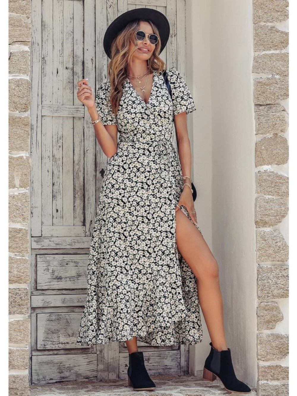Women's Black White Floral V Neck Casual Short Sleeve Pull On Zipper Maxi Dress - Picture 5 of 6